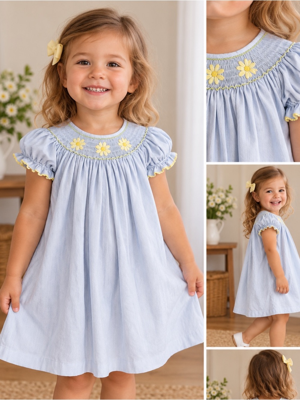 Vintage Light Blue Smocked Dress with Yellow Daisy Embroidered Detail